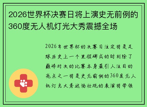 2026世界杯决赛日将上演史无前例的360度无人机灯光大秀震撼全场 2026世界杯决赛日将上演史无前例的360度无人机灯光大秀震撼全场