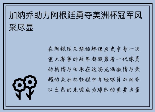 加纳乔助力阿根廷勇夺美洲杯冠军风采尽显 加纳乔助力阿根廷勇夺美洲杯冠军风采尽显